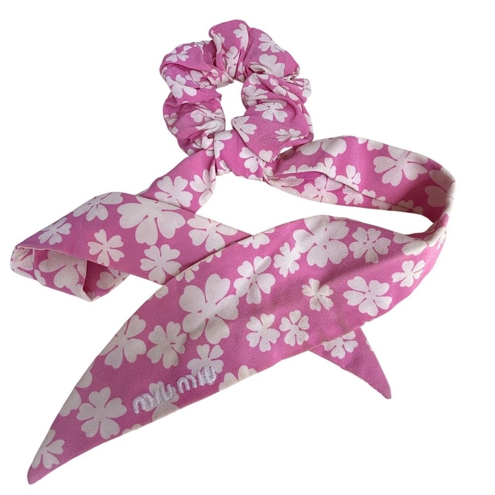 Miu Miu Pink Floral Clover Print Scrunchie Hair Tie with Long Ribbon Tails Scarf